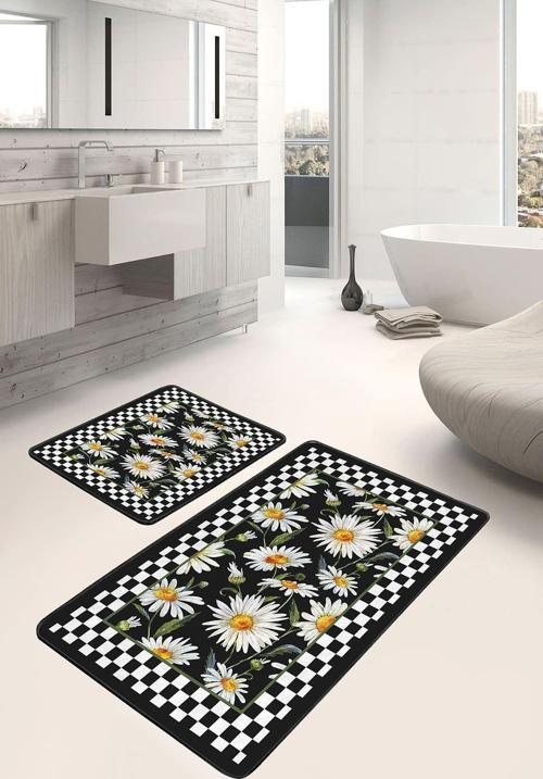 Siyah-Beyaz Kareli Papatya Desenli 2'Li Kaymaz Taban Yıkanabilir Banyo Paspas Seti