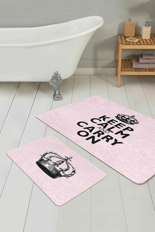 Taç Ve Yazılı Siyah-Pembe Desenli 2'Li Kaymaz Taban Yıkanabilir Banyo Paspas Seti