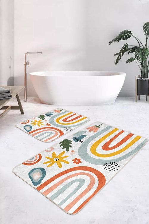Turuncu Mavi Retro Çizgili Çiçekli 2'Li Kaymaz Taban Yıkanabilir Banyo Paspas Takımı