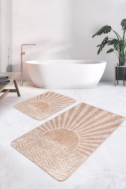 Bej Pastel Güneş Işınlı Modern 2'Li Kaymaz Taban Yıkanabilir Banyo Paspas Seti