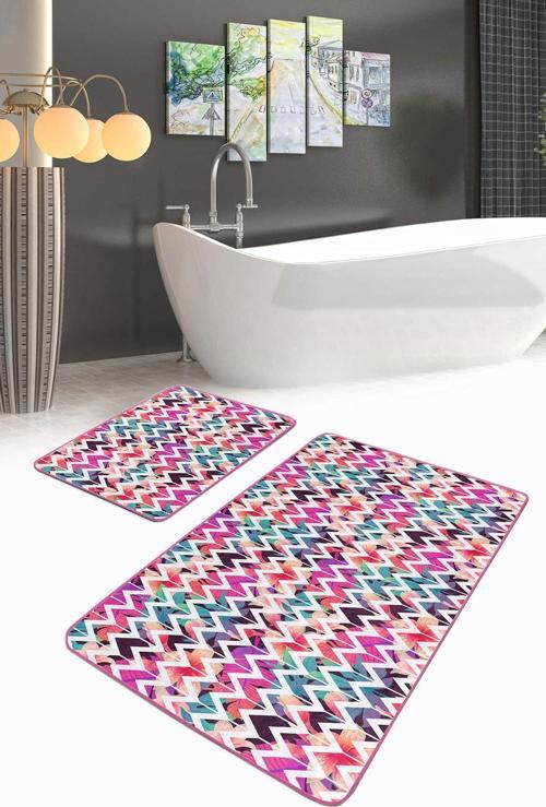 Renkli Zigzag Ve Çiçek Desenli Pembe Mavi 2'Li Kaymaz Taban Yıkanabilir Banyo Paspas Takımı