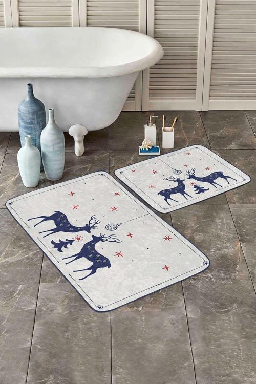 Geyikli Beyaz Lacivert Kırmızı Minimal 2'Li Kaymaz Taban Yıkanabilir Banyo Paspas Takımı