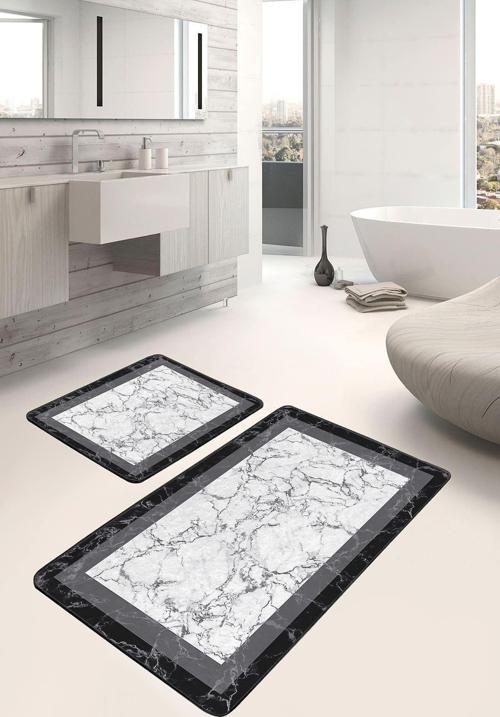 Mermer Desenli Siyah Beyaz Çerçeveli 2'Li Kaymaz Taban Yıkanabilir Banyo Paspas Seti