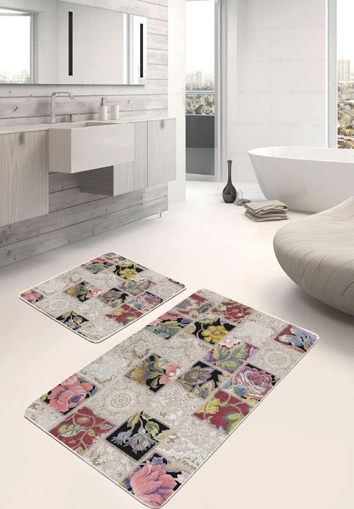 Çiçekli Patchwork Etnik Desenli Kırmızı-Siyah 2'Li Kaymaz Taban Yıkanabilir Banyo Paspas Seti