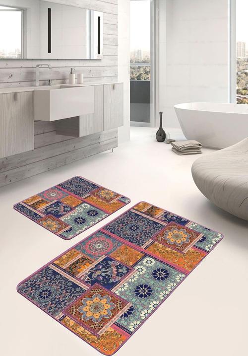 Patchwork Etnik Desenli Turuncu-Mavi 2'Li Kaymaz Taban Yıkanabilir Banyo Paspas Seti