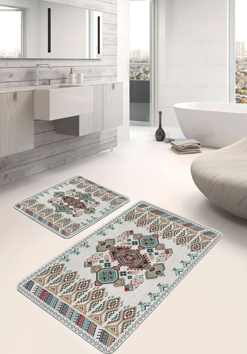Kahverengi Turkuaz Klasik Etnik Desenli 2'Li Kaymaz Taban Yıkanabilir Banyo Paspas Seti