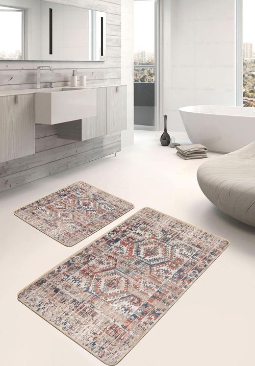 Etnik Desenli Kırmızı-Lacivert 2'Li Kaymaz Taban Yıkanabilir Banyo Paspas Takımı