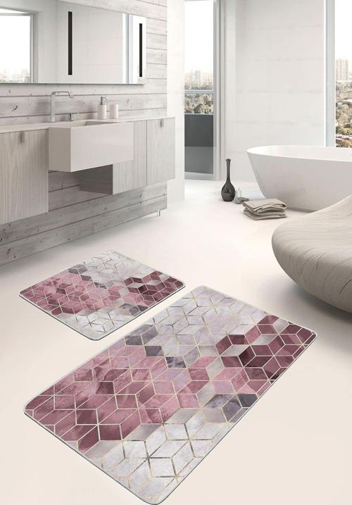 Geometrik Desenli Pembe-Gri 2'Li Kaymaz Taban Yıkanabilir Banyo Paspas Seti