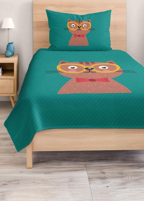 Sevimli Kedi Desenli Tek Kişilik Çocuk Ve Genç Odası Pike Takımı Yatak Örtüsü