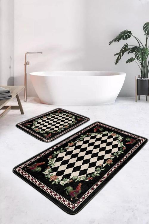 Siyah Beyaz Damalı Gül Ve Horoz Desenli 2'Li Kaymaz Taban Yıkanabilir Banyo Paspas Seti