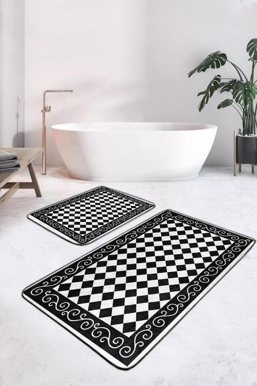 Siyah Beyaz Damalı Kenarları Çerçeveli Modern 2'Li Kaymaz Taban Yıkanabilir Banyo Paspas Takımı