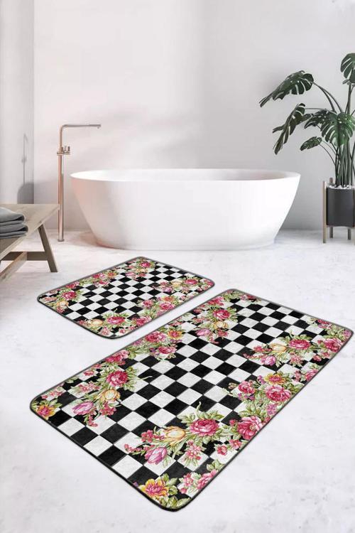 Çiçekli Siyah Beyaz Damalı Desenli 2'Li Kaymaz Taban Yıkanabilir Banyo Paspas Takımı