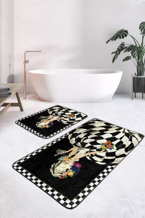 Siyah Beyaz Kareli Çiçekli Kadın Figürlü Kaymaz Taban Yıkanabilir 2'Li Banyo Paspas Seti