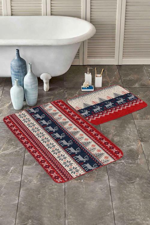 Kırmızı Lacivert Geyik Desenli Kaymaz Tabanlı Yıkanabilir 2'Li Banyo Paspas Seti