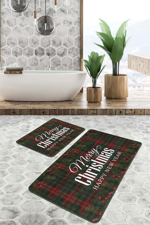 Yeşil Kırmızı Ekose Desenli Noel Temalı 2'Li Kaymaz Taban Yıkanabilir Banyo Paspas Seti