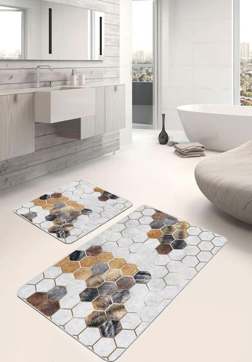 Altın Ve Kahverengi Sekizgen Desenli Kaymaz Taban Yıkanabilir 2'Li Banyo Paspas Seti