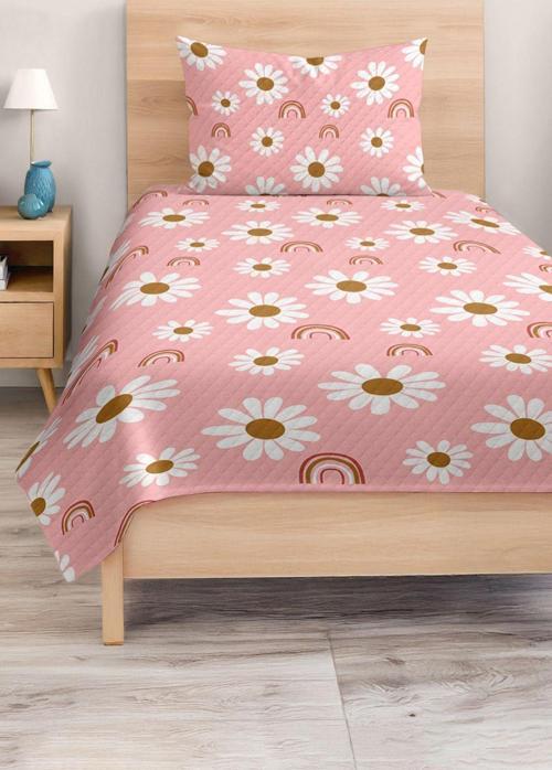 Pembe Çiçek Desenli Tek Kişilik Çocuk Ve Genç Odası Pike Takımı Yatak Örtüsü