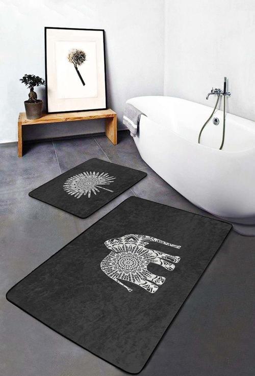 Fil Ve Papatya Motifli Siyah Beyaz 2'Li Kaymaz Taban Yıkanabilir Banyo Paspas Seti