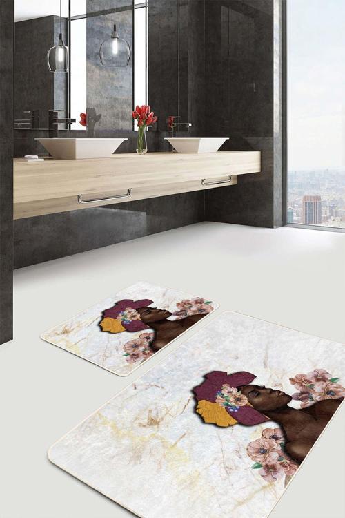 Kadın Portresi Mor-Sarı Çiçekli 2'Li Kaymaz Taban Yıkanabilir Banyo Paspas Seti