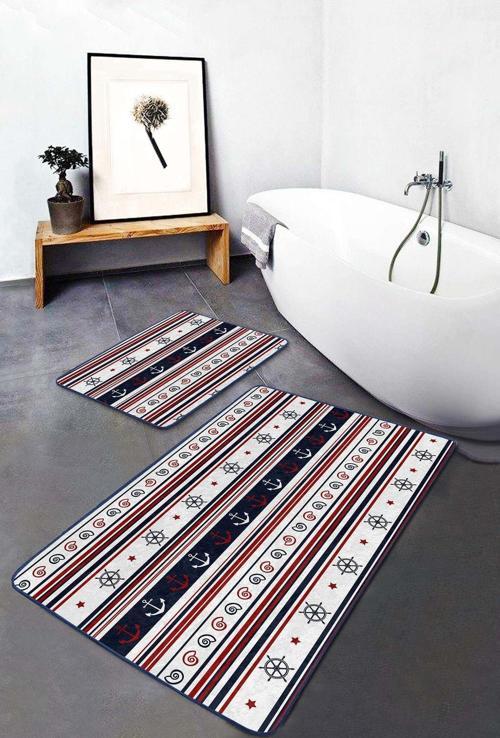 Çapa Ve Dümen Desenli Kırmızı-Mavi Çizgili Kaymaz Taban Yıkanabilir 2'Li Banyo Paspas Seti