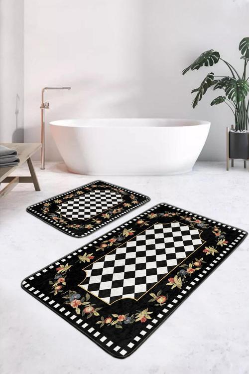 Siyah Zeminli Beyaz Damalı Ve Çiçekli Klasik Desen 2'Li Kaymaz Taban Yıkanabilir Banyo Paspas Seti