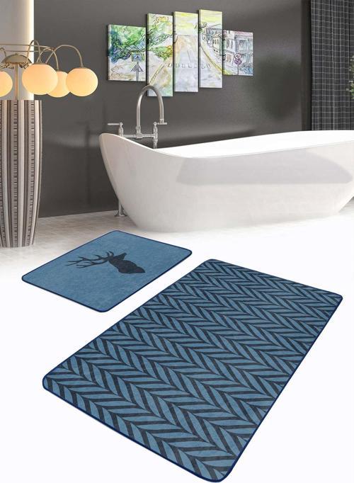 Lacivert Geometrik-Eleşki Ve Siyah Geyik Figürlü 2'Li Kaymaz Taban Yıkanabilir Banyo Paspas Seti