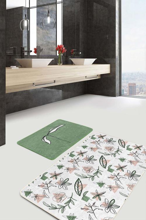Çizgisel Yaprak Ve Çiçek Desenli Yeşil Beyaz 2'Li Kaymaz Taban Yıkanabilir Banyo Paspas Seti