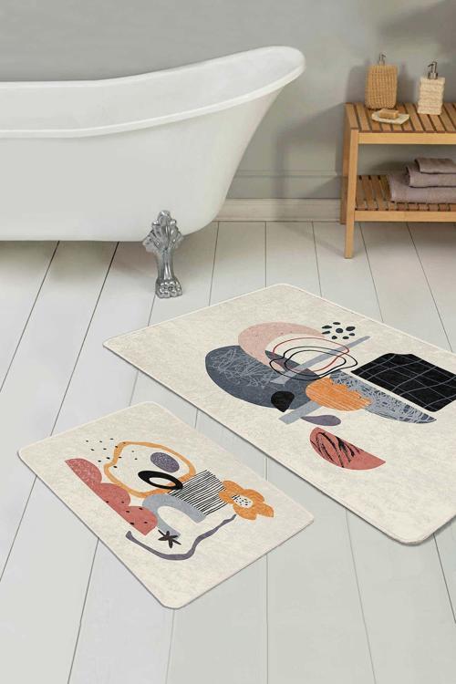 Bej Zeminde Soyut Figürlü Turuncu Gri 2'Li Kaymaz Taban Yıkanabilir Banyo Paspas Seti