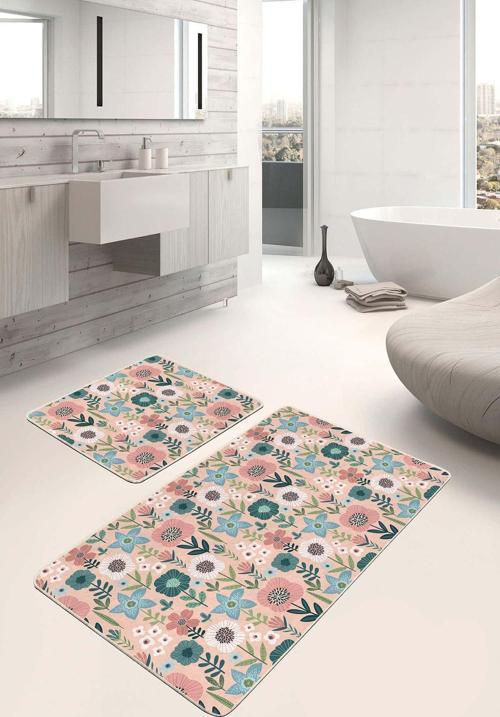 Çiçek Desenli Pudra Mavi 2'Li Kaymaz Taban Yıkanabilir Banyo Paspas Seti