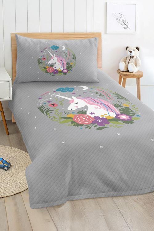 Unicorn Desenli Tek Kişilik Çocuk Ve Genç Odası Pike Takımı Yatak Örtüsü