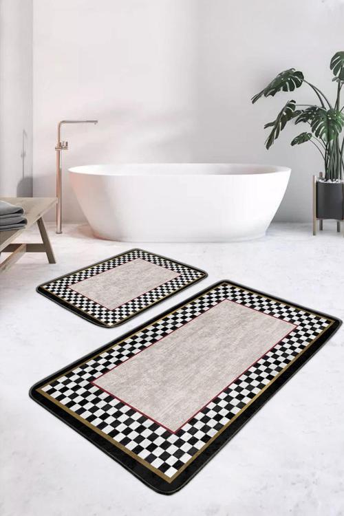Siyah Beyaz Kareli Şeritli Modern Stil 2'Li Kaymaz Taban Yıkanabilir Banyo Paspas Seti