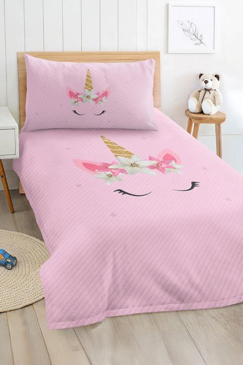 Unicorn Desenli Çocuk Ve Genç Odası İçin Tek Kişilik Pike Takımı Yatak Örtüsü