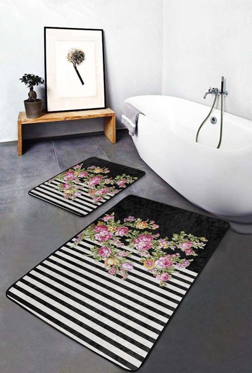 Çiçekli Siyah-Beyaz Çizgili 2'Li Kaymaz Taban Yıkanabilir Banyo Paspas Takımı