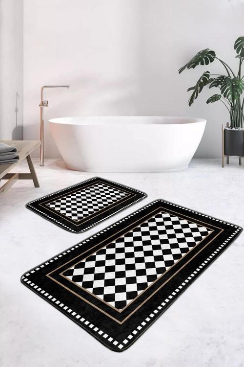 Siyah-Beyaz Kareli Çerçeveli Şık Modern 2'Li Kaymaz Taban Yıkanabilir Banyo Paspas Seti