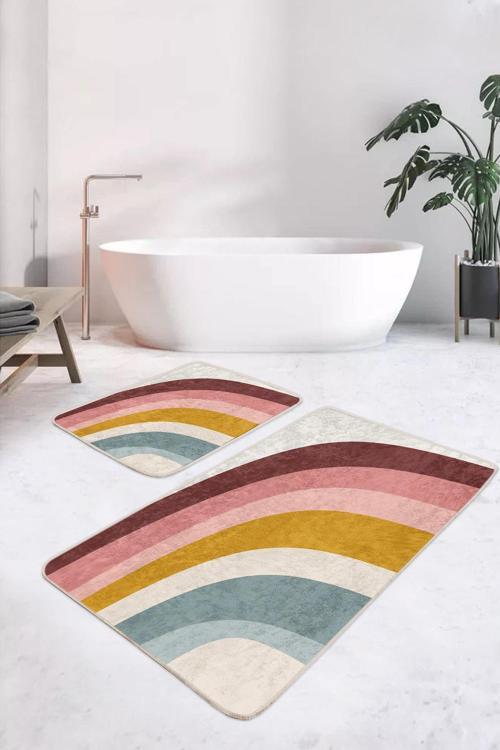 Çizgisel Desenli Sarı Mavi 2'Li Kaymaz Taban Yıkanabilir Banyo Paspas Seti