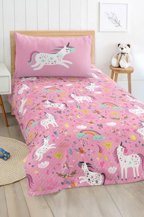 Unicorn Desenli Çocuk Ve Genç Odası İçin Tek Kişilik Pike Takımı Yatak Örtüsü