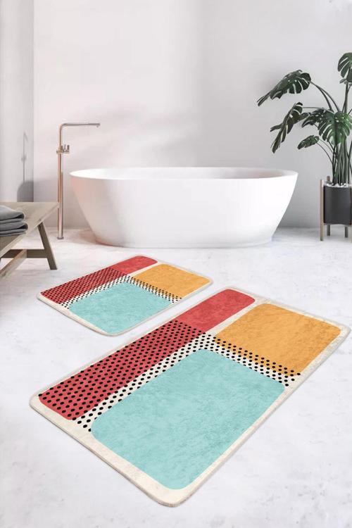 Geometrik Desenli Kırmızı Turuncu 2'Li Kaymaz Taban Yıkanabilir Banyo Paspas Seti