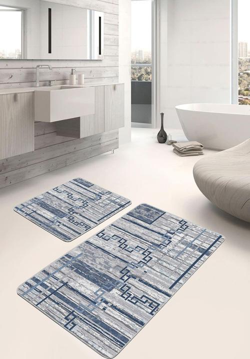 Geometrik Desenli Gri-Mavi 2'Li Kaymaz Taban Yıkanabilir Banyo Paspas Seti