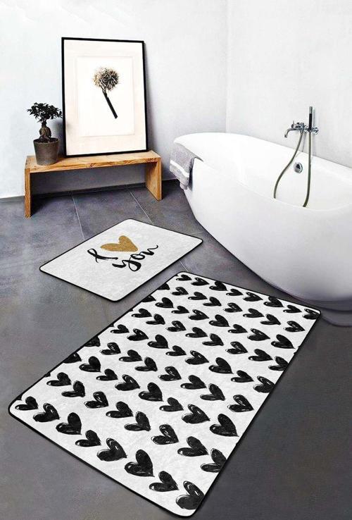 Siyah Kalpler Ve Gold Kalpli Yazılı Desenli 2'Li Kaymaz Taban Yıkanabilir Banyo Paspas Seti