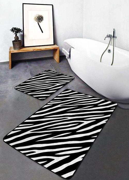 Siyah Beyaz Zebra Desenli 2'Li Kaymaz Taban Yıkanabilir Banyo Paspas Seti