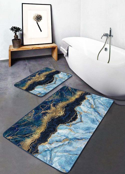 Mavi Siyah Mermer Desenli 2'Li Kaymaz Taban Yıkanabilir Banyo Paspas Seti