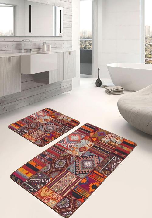 Kırmızı Turuncu Kilim Desenli 2'Li Kaymaz Taban Yıkanabilir Banyo Paspas Seti