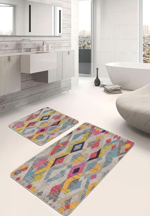 Çok Renkli Modern Geometrik Desenli 2'Li Kaymaz Taban Yıkanabilir Banyo Paspas Seti