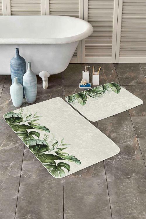 Yeşil Tropikal Yapraklı Doğal Tasarımlı 2'Li Kaymaz Taban Yıkanabilir Banyo Paspas Seti