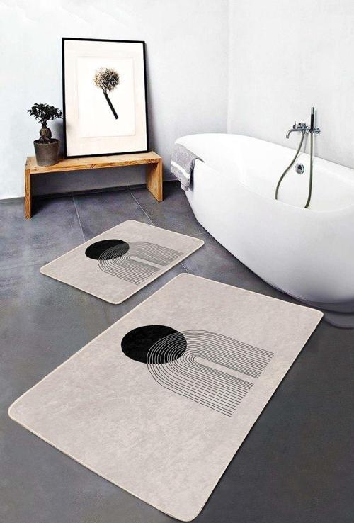 Siyah Minimal Çizgili Geometrik Desenli 2'Li Kaymaz Taban Yıkanabilir Banyo Paspas Takımı
