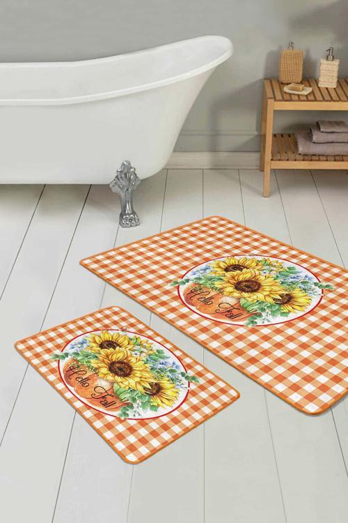 Ayçiçeği Temalı Turuncu-Krem Kareli 2'Li Kaymaz Taban Yıkanabilir Banyo Paspas Seti