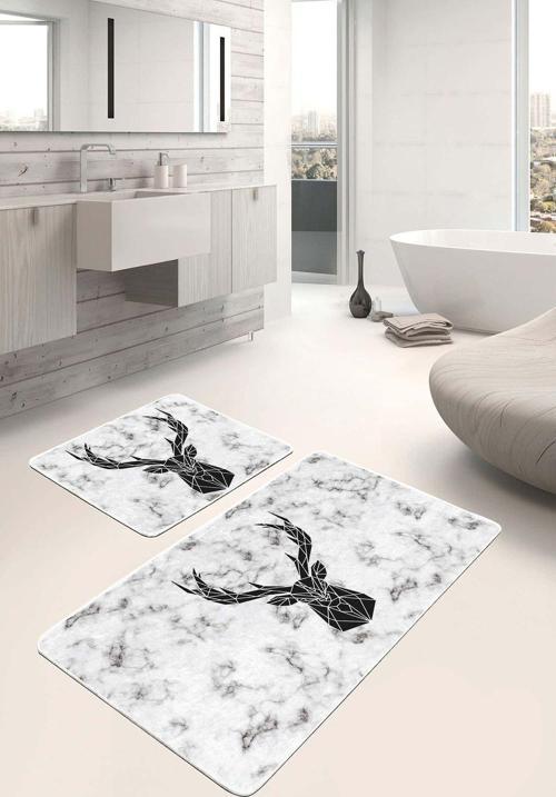 Geometrik Siyah Geyik Figürlü Beyaz Mermer Desenli 2'Li Kaymaz Taban Yıkanabilir Banyo Paspas Seti