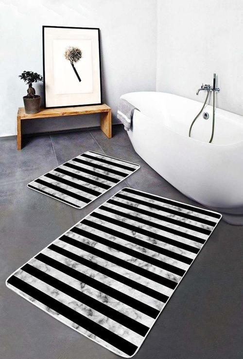 Mermer Desenli Siyah Çizgili Modern 2'Li Kaymaz Taban Yıkanabilir Banyo Paspas Takımı