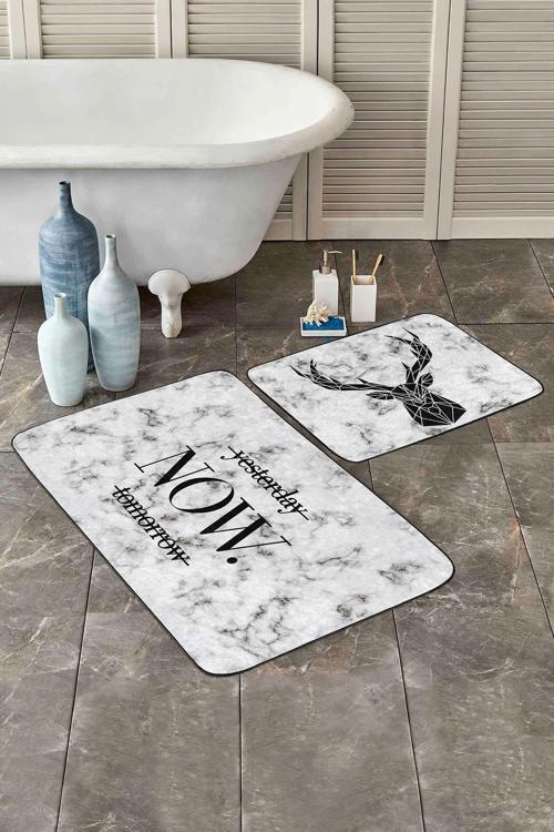 Mermer Desenli Siyah Geometrik Geyik 2'Li Kaymaz Taban Yıkanabilir Banyo Paspas Seti