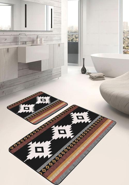 Etnik Desenli Siyah Beyaz Bordo Kahverengi 2'Li Kaymaz Taban Yıkanabilir Banyo Paspas Seti